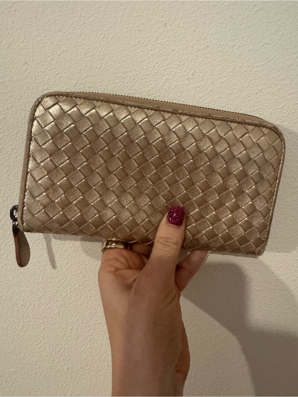Bottega Veneta Metallic Bronze Intrecciato Zip Around Wallet